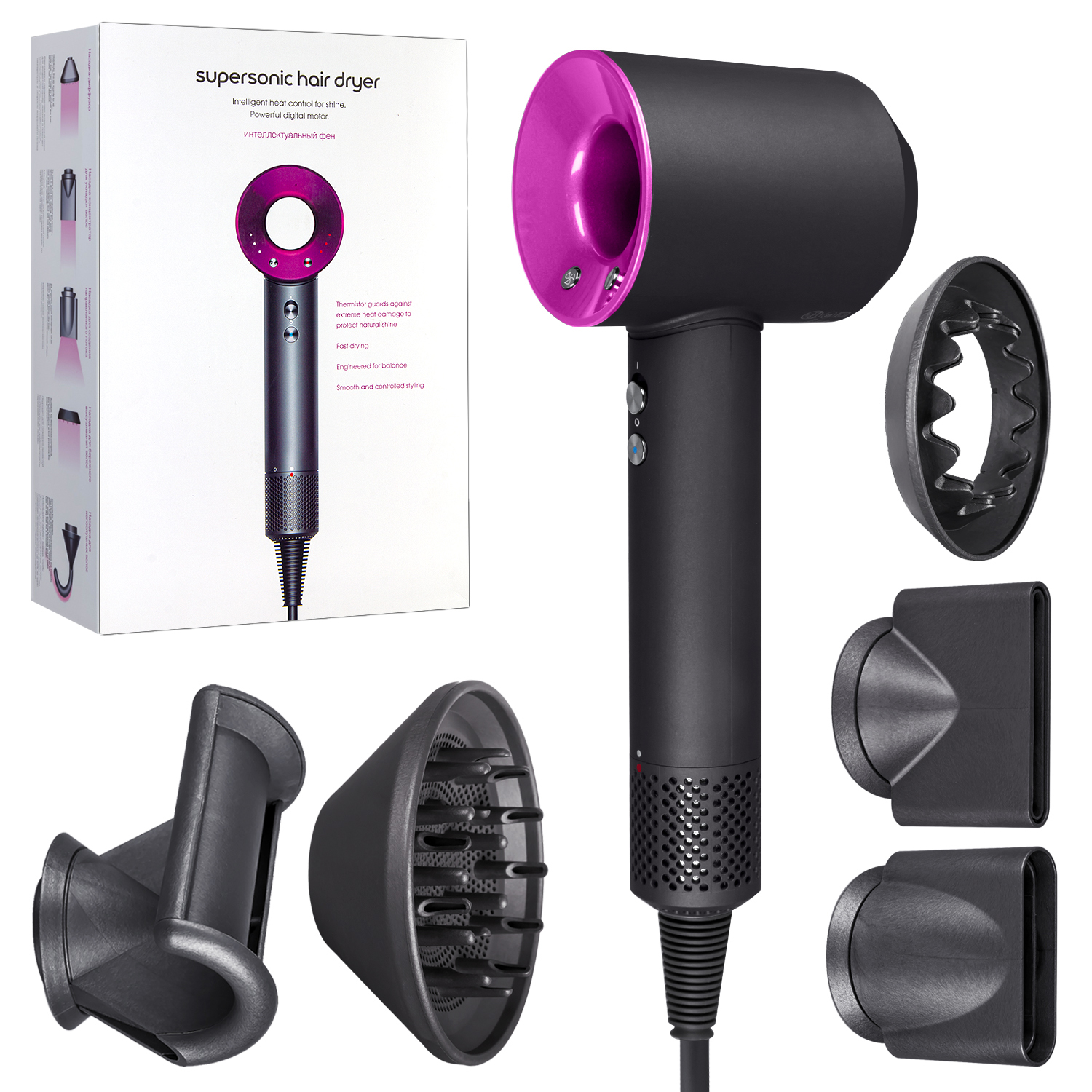 Набор фен Supersonic hair dryer Серый с розовым (6 в 1) 3M