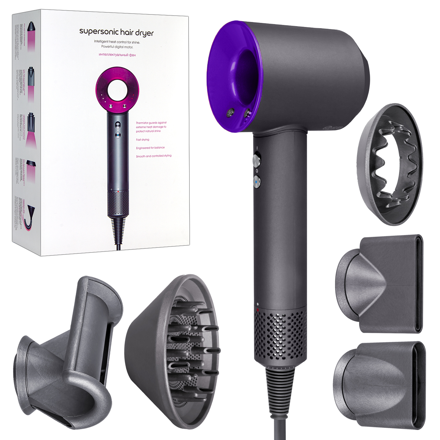 Набор фен Supersonic hair dryer Серый с фиолетовым (6 в 1) 3M