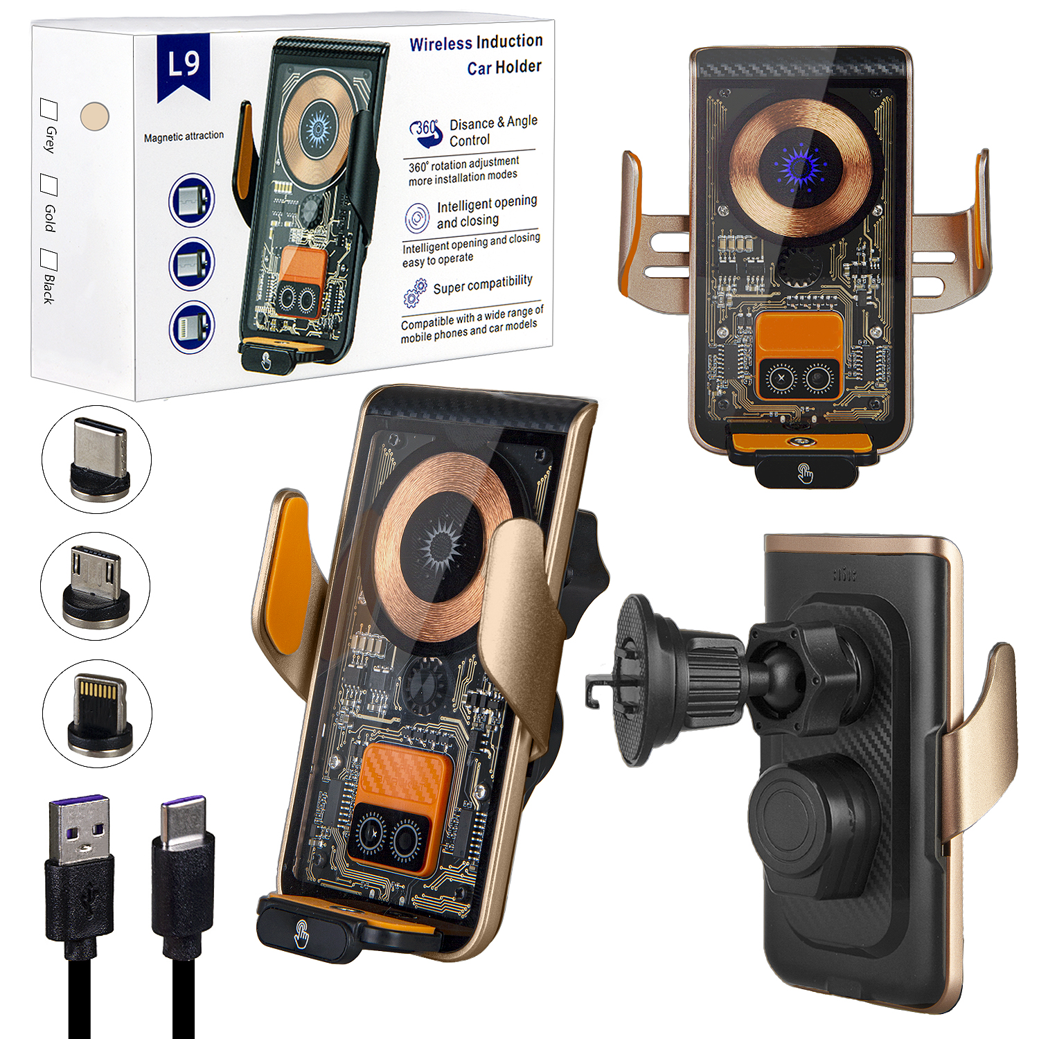 Автомобильное беспроводное зарядное устройство L9 золото