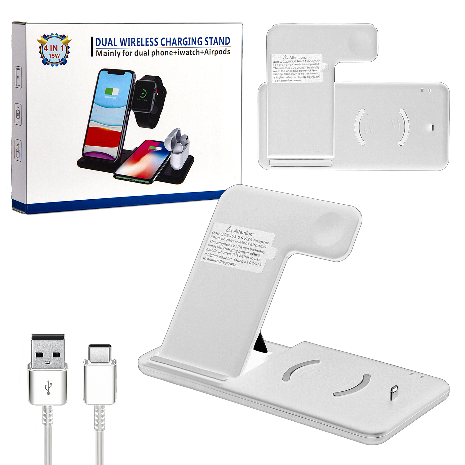 Беспроводная зарядка Q20 (4 в1) Белый (40шт/кор)