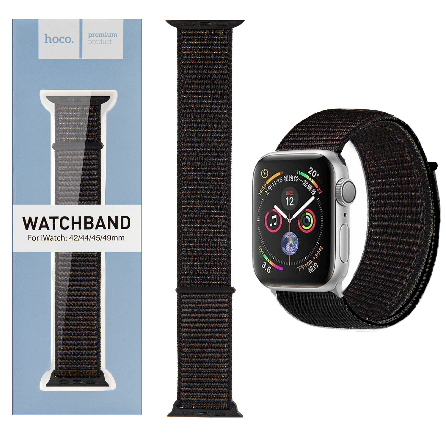 Ремешок для Apl watch 42/44/45mm Watchband WA02 nylon strap black HOCO